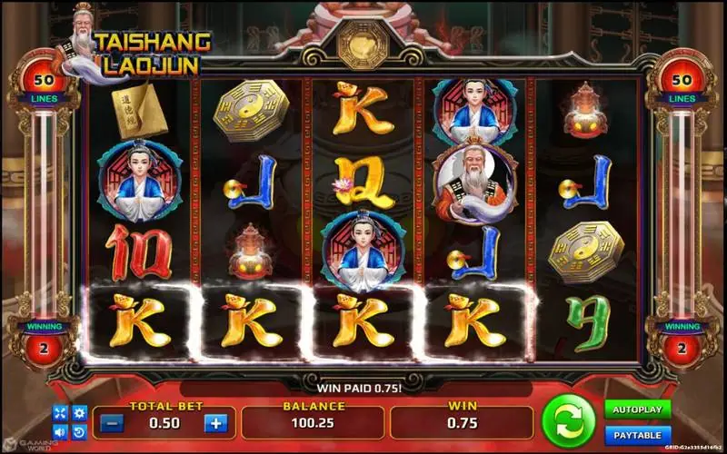 Taishang Laojun slot on a 5x4 grid with four gold K symbols highlighted along the bottom row and Win Paid 0.75 in the message bar