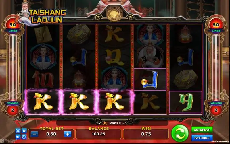 Line win breakdown with three K symbols outlined and the text 3x K wins 0.25