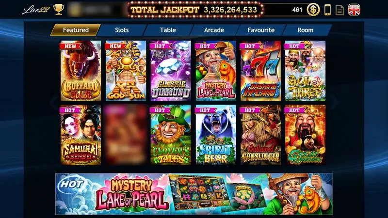 Live22 lobby with Featured, Slots, Table, Arcade, Favourite and Room tabs, a total jackpot counter and rows of game tiles