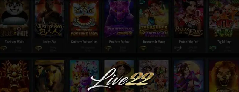 Live22 game list with tiles for Black and White, Justice Bao, Southern Fortune Lion, Panthera Pardus and Pig of Fury