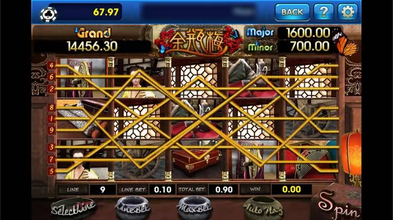 Slot Jin Ping Mei di 3Win8 dengan 9 payline tergambar di 5 reel, nilai jackpot Grand, Major, dan Minor di atas, serta kotak Line, Line Bet, dan Total Bet di bawah