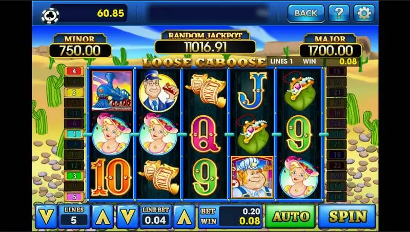 Loose Caboose on 3Win8 with 5 lines active and a small win of 0.08 on line 1
