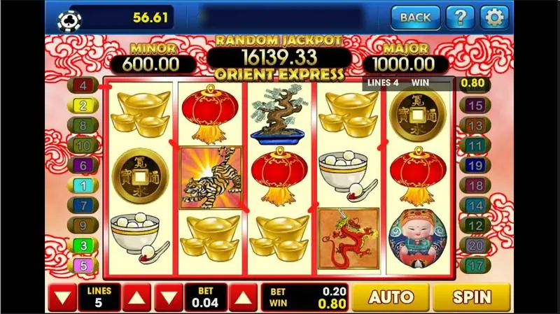 Orient Express on 3Win8 with 5 lines active, a tiger on reel 2 and a 0.80 win