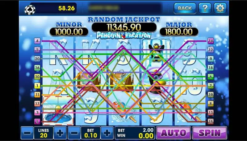 Penguin Vacation on 3Win8 with all 20 paylines drawn across the icy reels and a 2.00 bet