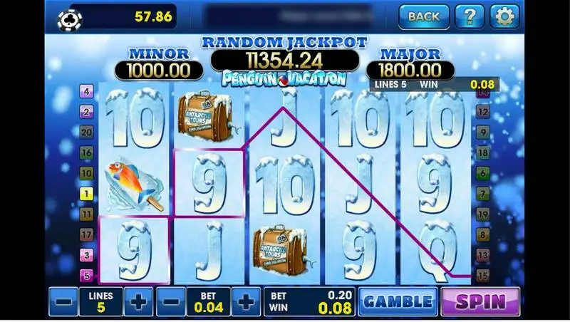 Penguin Vacation on 3Win8 with icy card symbols, an Antarctic Tours suitcase and a fish on a stick on the reels, a 0.08 win on 5 lines and the Gamble button