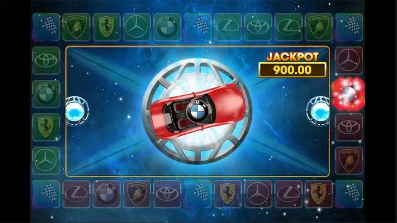 Racing Cars on 3Win8 with a red car spinning in a globe at the centre of a board of car badges and a Jackpot 900 box