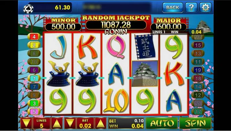 Ronin on 3Win8 with 5 lines active and two samurai helmets plus a castle on line 1 paying 0.04