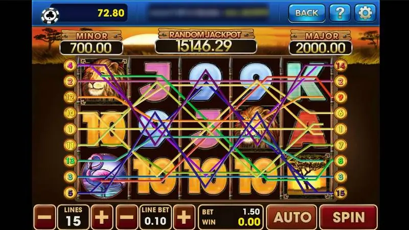 Safari Heat di 3Win8 dengan 15 payline tergambar di reel sabana dan taruhan 1.50