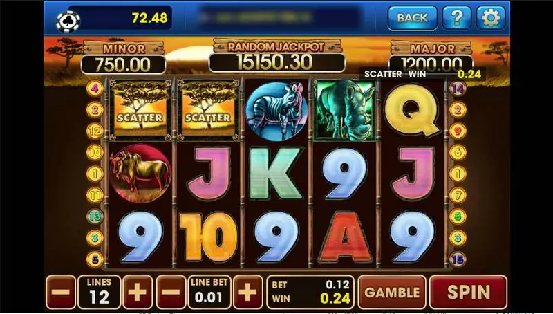 Safari Heat di 3Win8 dengan dua scatter senja akasia, zebra, badak, dan wildebeest di reel, kemenangan scatter 0.24, dan tombol Gamble