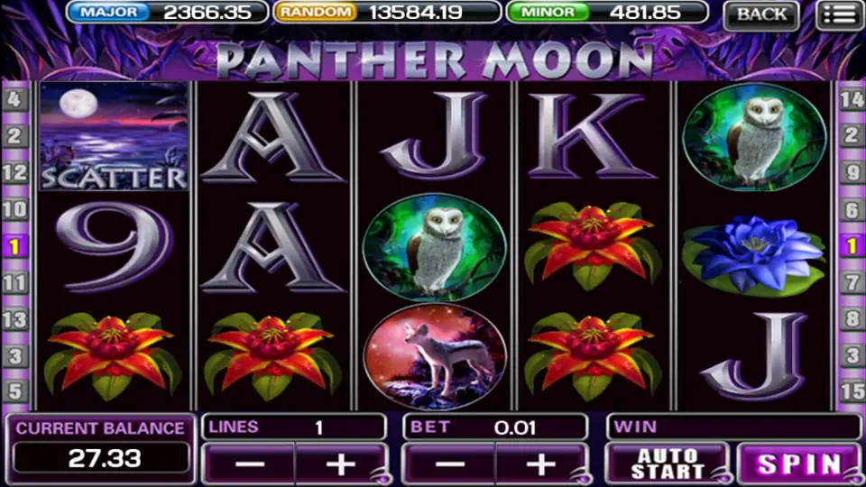 Panther Moon reels on ACE333 with the Scatter on reel 1 and the Stop button showing during a spin