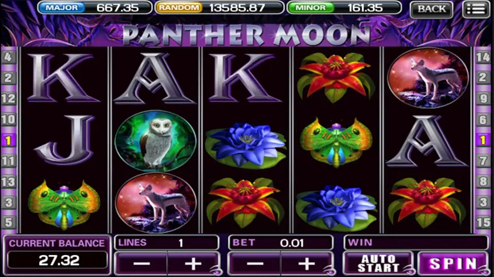 Panther Moon at 1 line and 0.01 bet with blue lotus and moth symbols on the reels