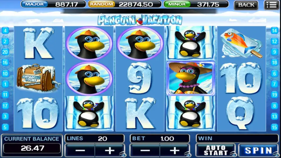 Penguin Vacation on ACE333 with penguins in caps and a sliding penguin on the reels, 20 lines and bet 1.00