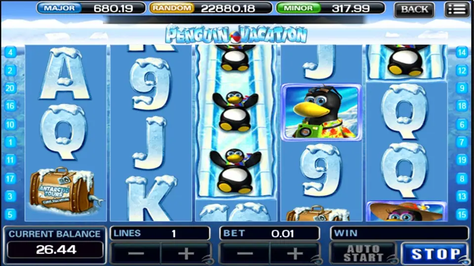 Penguin Vacation on ACE333 with the sliding penguin stacked on reel 3 during a spin