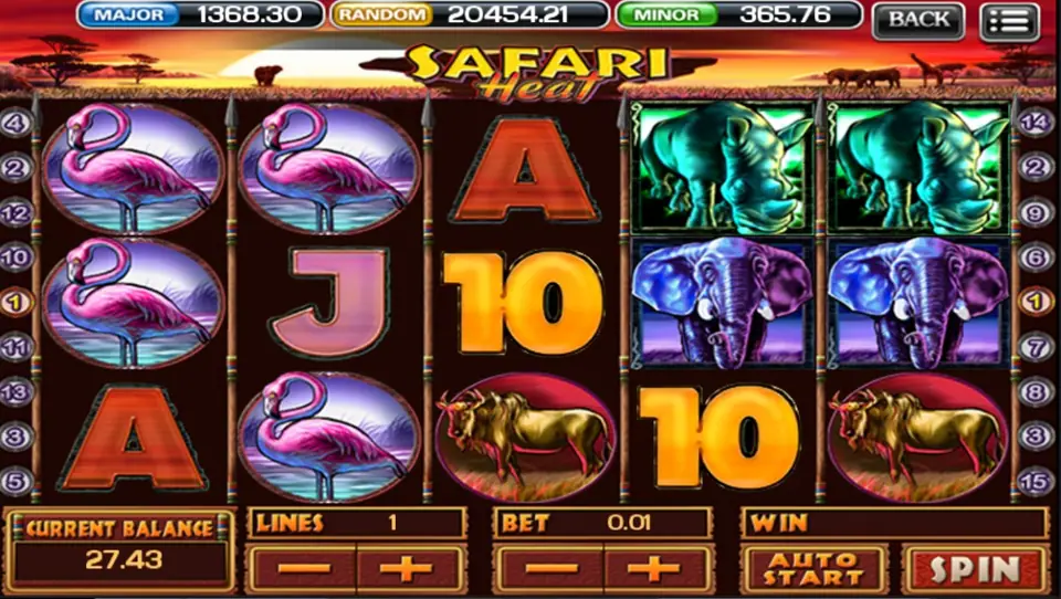 Safari Heat on ACE333 with flamingos on reels 1 and 2, rhinos and elephants on reels 4 and 5, sunset sky above