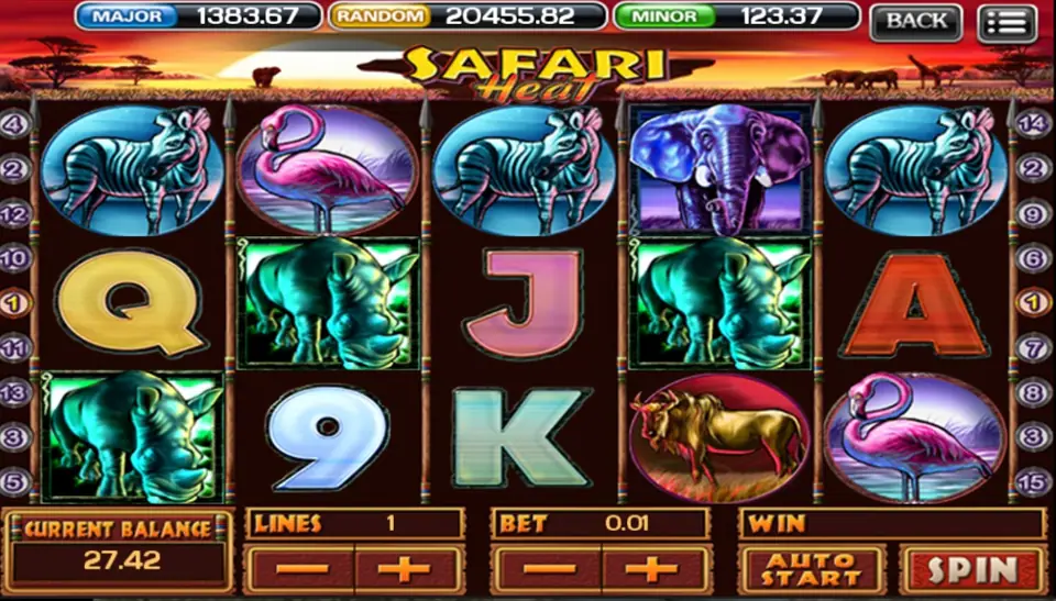 Safari Heat on ACE333 with zebras, a rhino, an elephant and a gnu across the reels