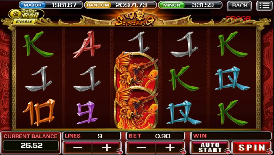 Si Xiang on ACE333 at 9 lines and a 0.90 bet with two phoenix symbols stacked on reel 3