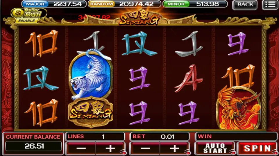 Si Xiang reels on ACE333 with the white tiger, the Si Xiang logo tile and a phoenix on reel 5