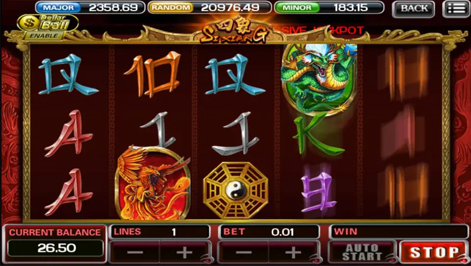 Si Xiang on ACE333 with the green dragon, a phoenix and the bagua yin-yang symbol on the reels, Dollar Ball button top left
