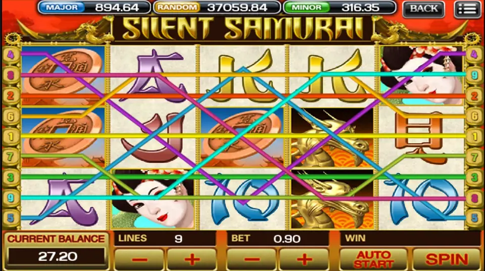 Silent Samurai on ACE333 with all 9 paylines drawn across the reels, Lines 9 and Bet 0.90
