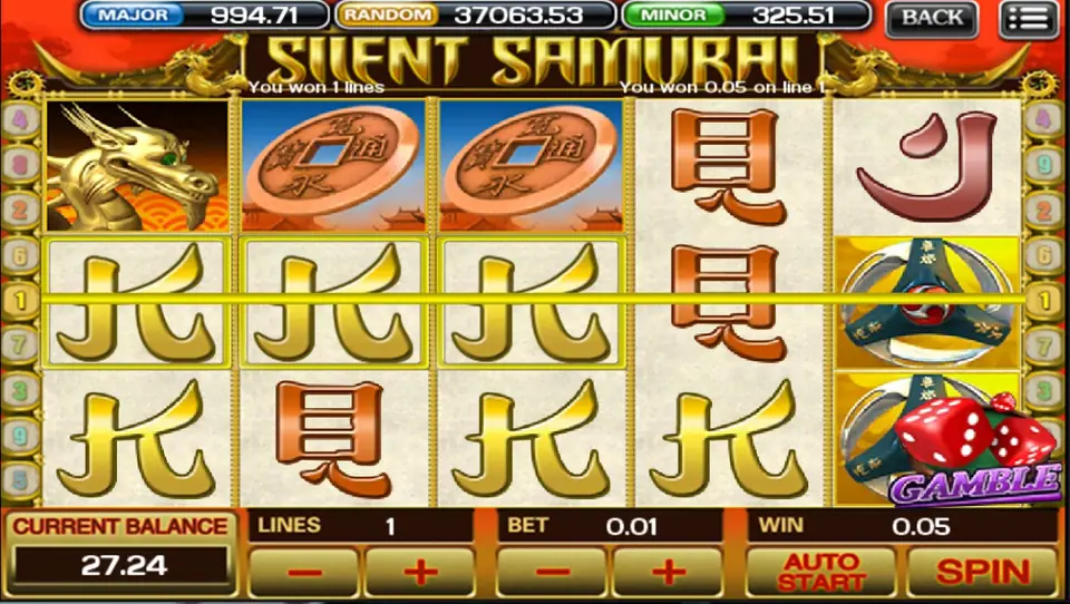 Silent Samurai on ACE333 showing a 0.05 win on line 1 from three K symbols, with a Gamble button bottom right