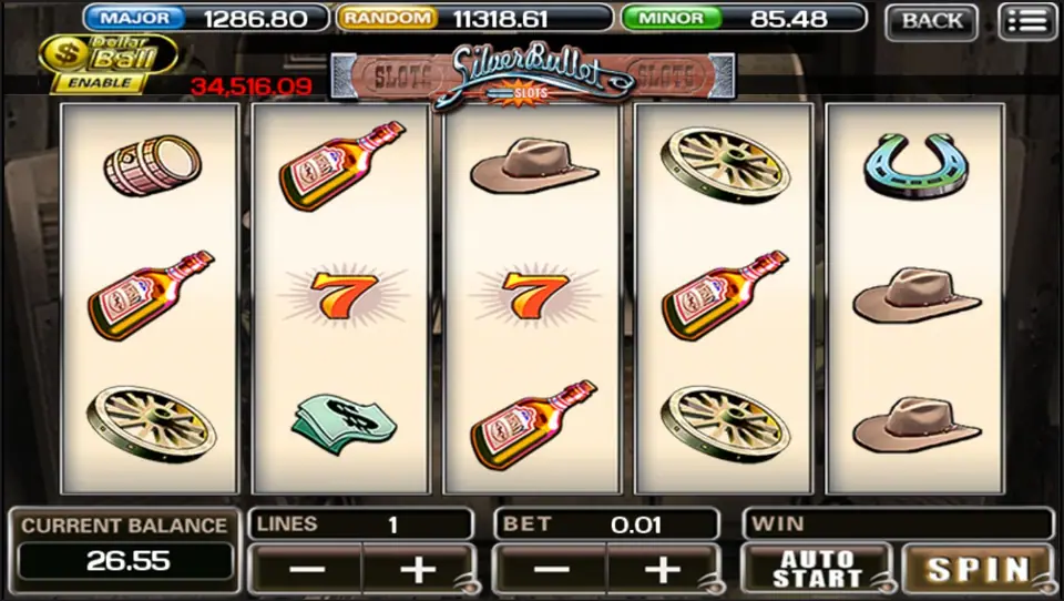 Silver Bullet on ACE333 with whisky bottles, lucky 7s, cowboy hats and a horseshoe on cream reels