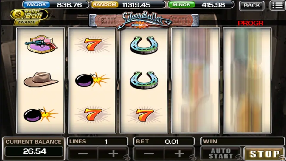 Silver Bullet on ACE333 with a revolver badge, bombs, lucky 7s and horseshoes, reels 4 and 5 still spinning