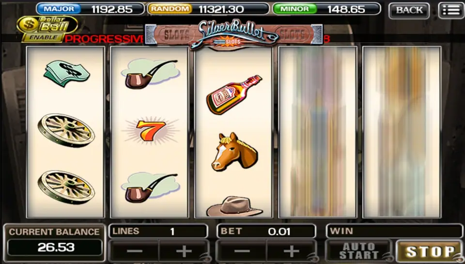 Silver Bullet reels on ACE333 showing dollar notes, a pipe, a horse head and wagon wheels