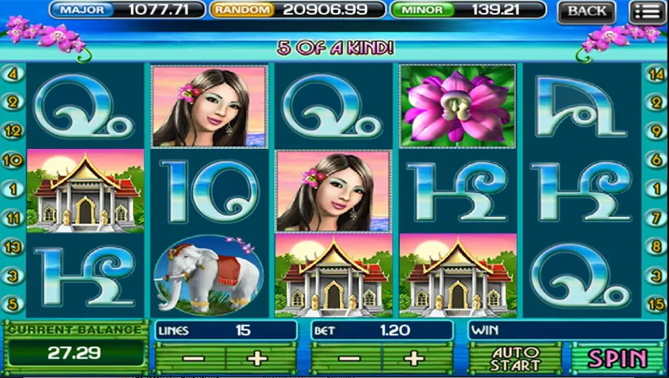 Thai Paradise on ACE333 at 15 lines and a 1.20 bet, with two lady symbols and three temples on the reels