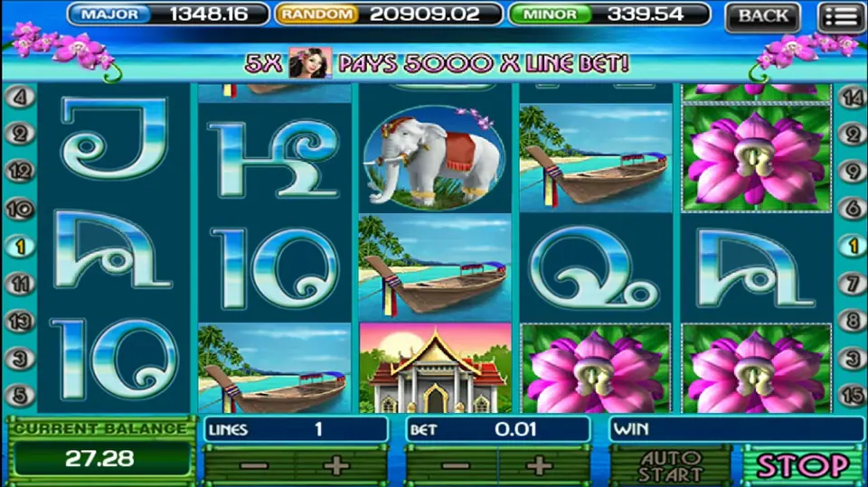 Thai Paradise on ACE333 with orchids, longtail boats and a white elephant, banner reading 5X pays 5000 X line bet