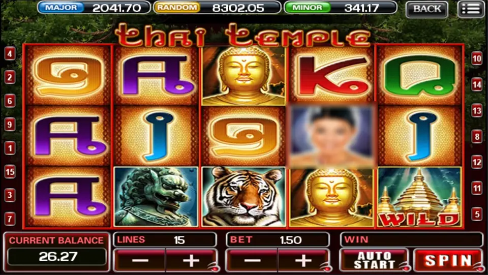 Thai Temple on ACE333 at 15 lines and a 1.50 bet, with Buddha heads, a tiger, a guardian lion and the stupa wild