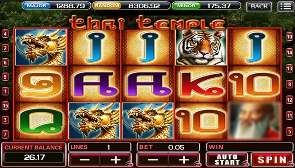 Thai Temple reels on ACE333 with dragons on reels 1 to 3 and a tiger on reel 4