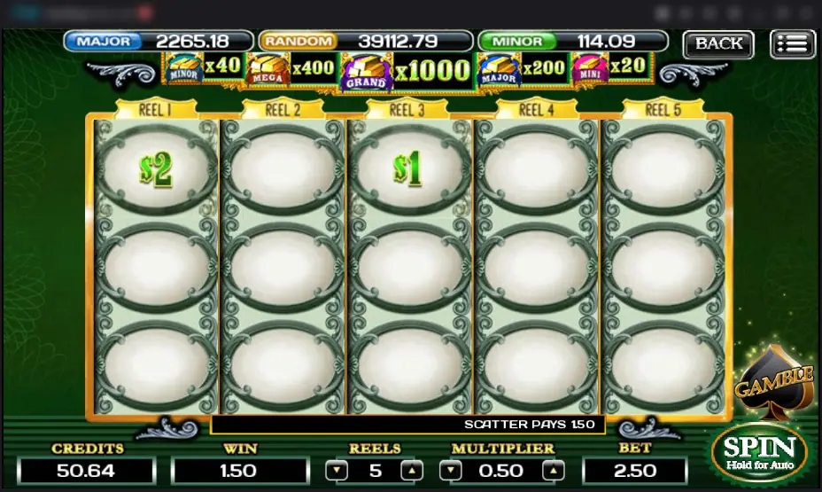The Green Machine Deluxe with $2 on reel 1 and $1 on reel 3, multiplier 0.50, Scatter Pays 1.50