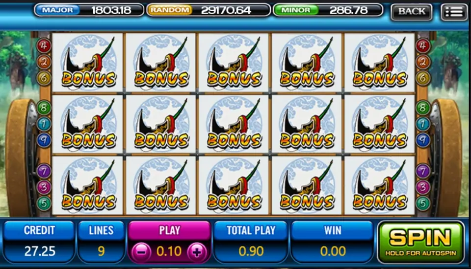 Three Kingdom on ACE333 with all fifteen positions showing the Bonus blade, Total Play 0.90