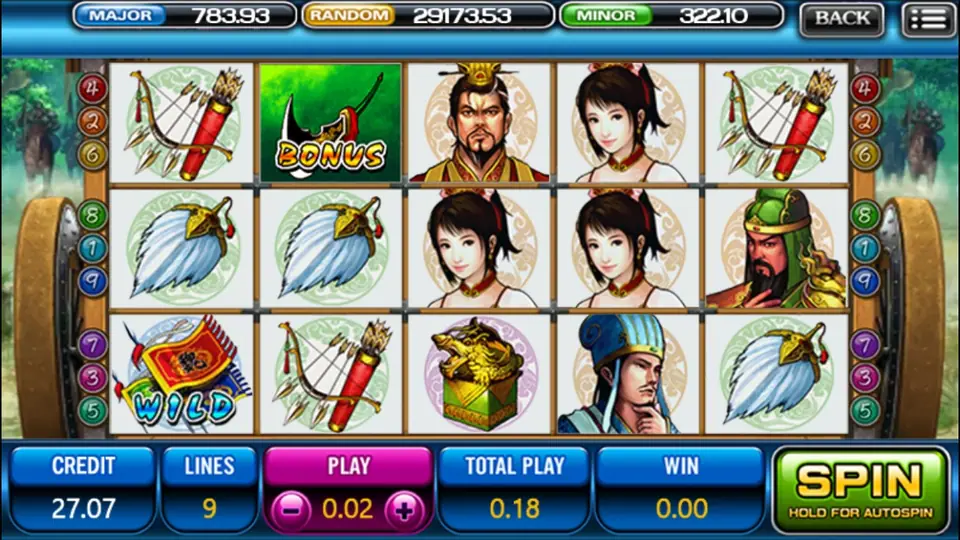 Three Kingdom on ACE333 with two generals, a lady, the strategist, a gold seal, the Wild banner and a Bonus blade on the reels