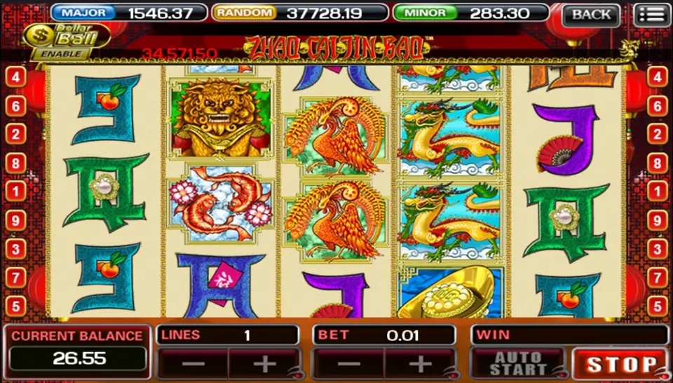 Zhao Cai Jin Bao di ACE333 dengan singa emas, sepasang koi, phoenix bertumpuk, naga, dan emas batangan di gulungan