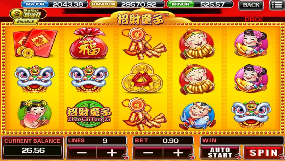 Zhao Cai Tong Zi on ACE333 at 9 lines and a 0.90 bet, with fortune children, lion dance heads, red packets and the game logo