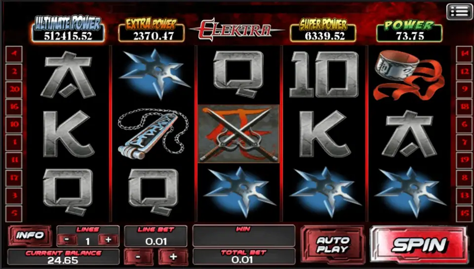 Elektra reels on ACE333 with shuriken on reels 3 to 5, a chain weapon and crossed sai on the reels