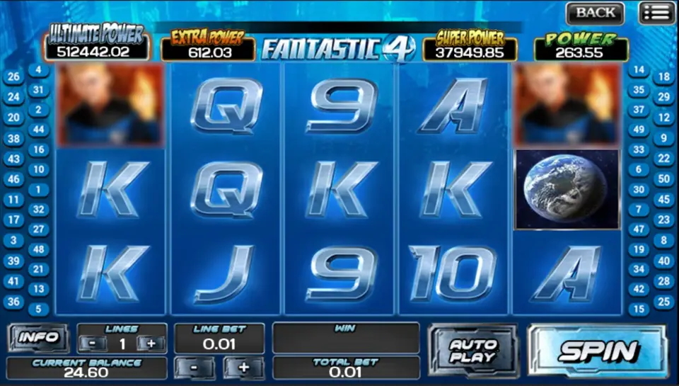 Fantastic 4 slot on ACE333 with blue card ranks, an Earth symbol on reel 5 and four Power jackpot boxes above the reels