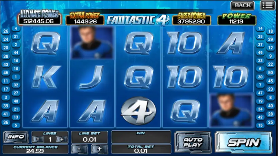 Fantastic 4 slot on ACE333 with the silver 4 logo on reel 3 and blue card ranks, Power jackpot boxes above