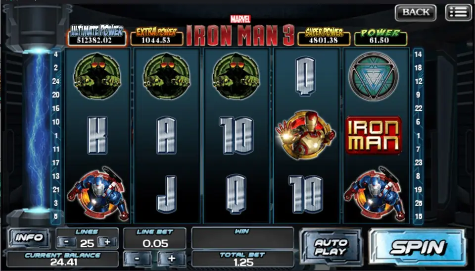 Slot Iron Man 3 di ACE333 dengan 25 line, line bet 0.05 dan total bet 1.25, prajurit Extremis di gulungan 1 sampai 3