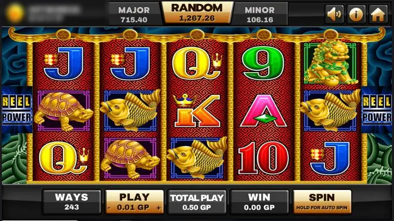 5 Dragons reels on Joker123 with gold turtle, carp and lion symbols, 243 ways and a 0.01 GP play setting