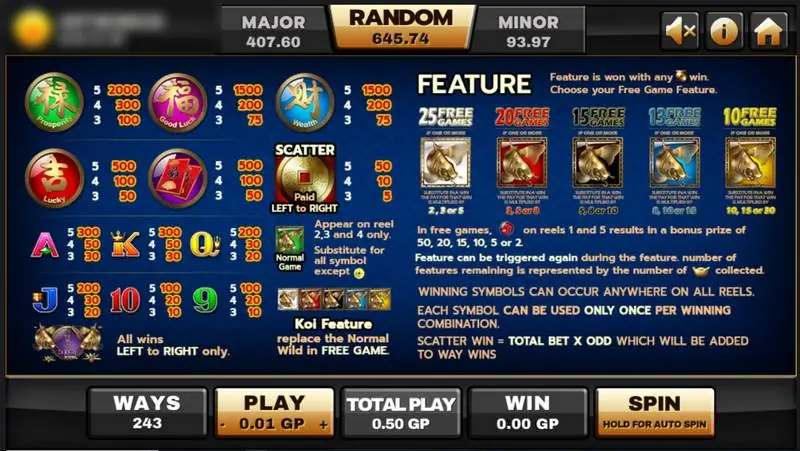 5 Koi Legends paytable listing symbol pays, the koi wild and the five free-game packages