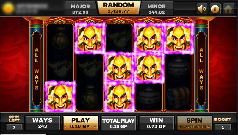 Aladdin free spins on Joker123 with gold Ancient Genie symbols across the reels, 7 spins left and a boost counter