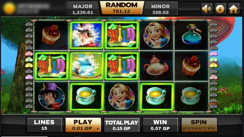 Alice line wins with three wild symbols on the reels