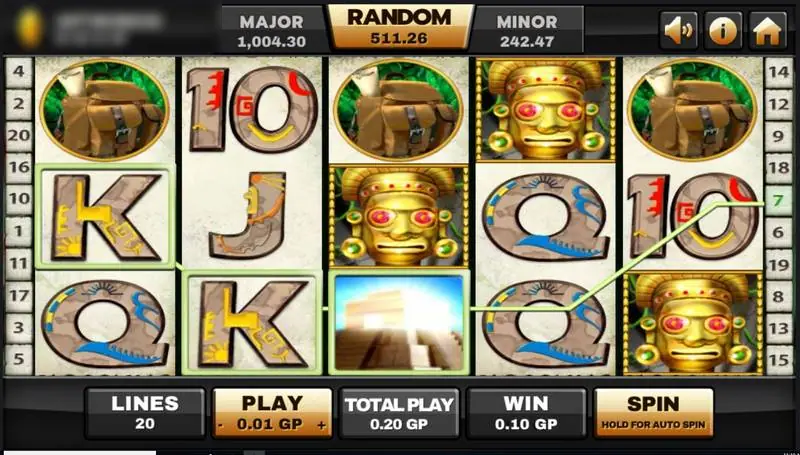 Azteca line win on Joker123 through a pyramid wild on reel 3 with golden bonus masks nearby