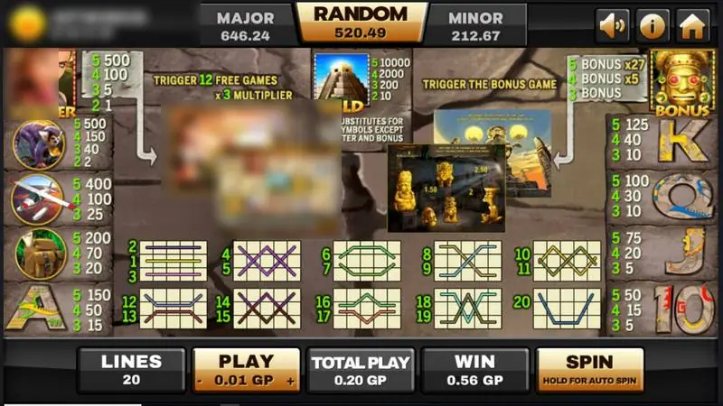 Azteca paytable with scatter, wild, bonus game and all 20 line patterns