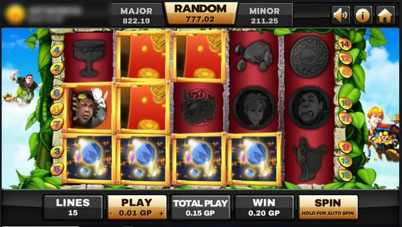 Beanstalk line win on Joker123 with blue gem symbols across four reels and the giant on reel 1