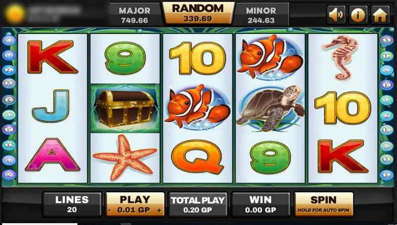 Dolphin Reef reels on Joker123 with a clownfish, turtle, seahorse, starfish and treasure chest among card symbols, 20 lines