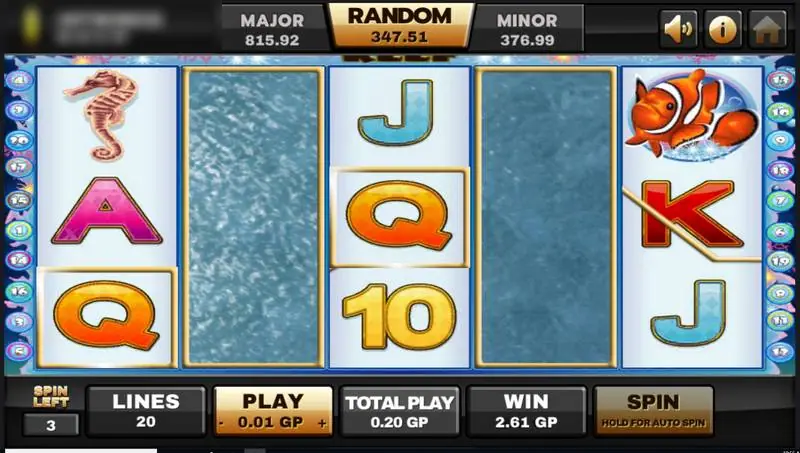 Dolphin Reef free games on Joker123 with reels 2 and 4 covered by water as expanded wilds and 3 spins left