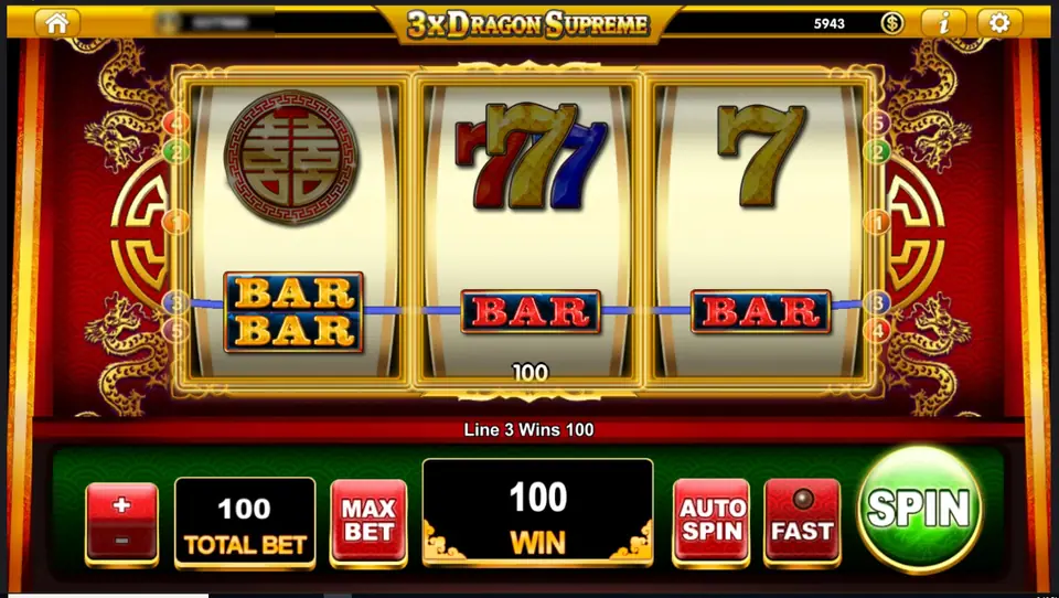 Gulungan 3x Dragon Supreme menampilkan BAR BAR, BAR merah dan BAR merah di line 3 dengan kotak kemenangan bertuliskan 100